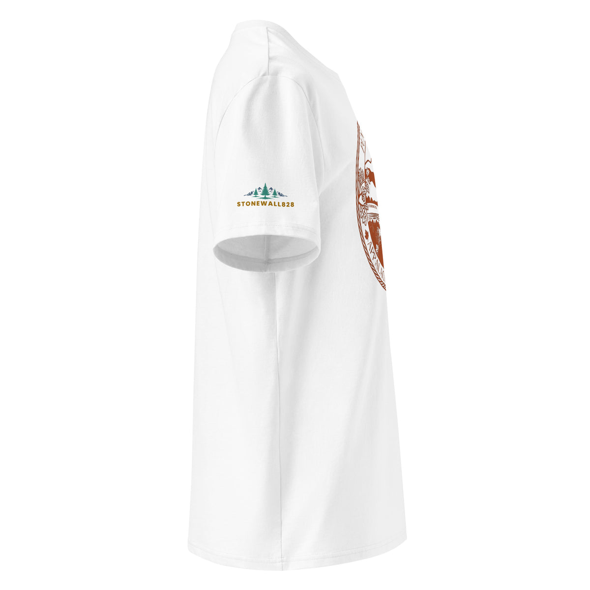 A white short-sleeve t-shirt shown from a side profile view on a solid white background. The left sleeve features a green and gold 'STONEWALL828' logo, and the right side of the shirt has a large brown and white circular graphic.