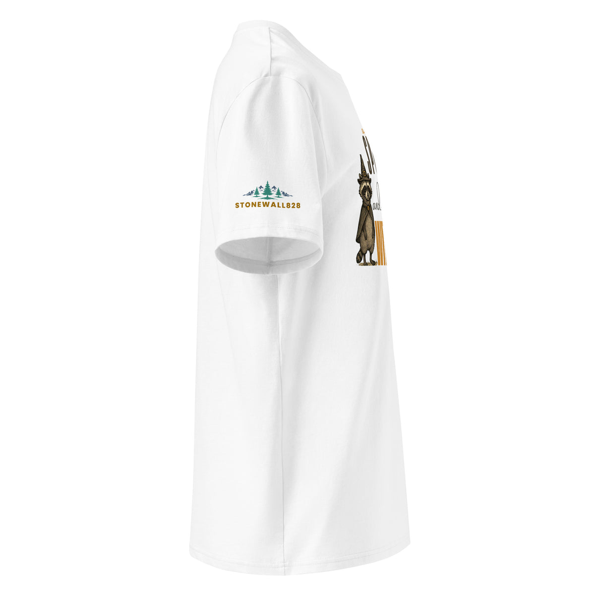 A white short-sleeve t-shirt shown from a side profile view against a solid white background. The left sleeve features a green and gold 'Stonewall828' logo, and the right side has a vertical graphic print featuring a raccoon and the words.