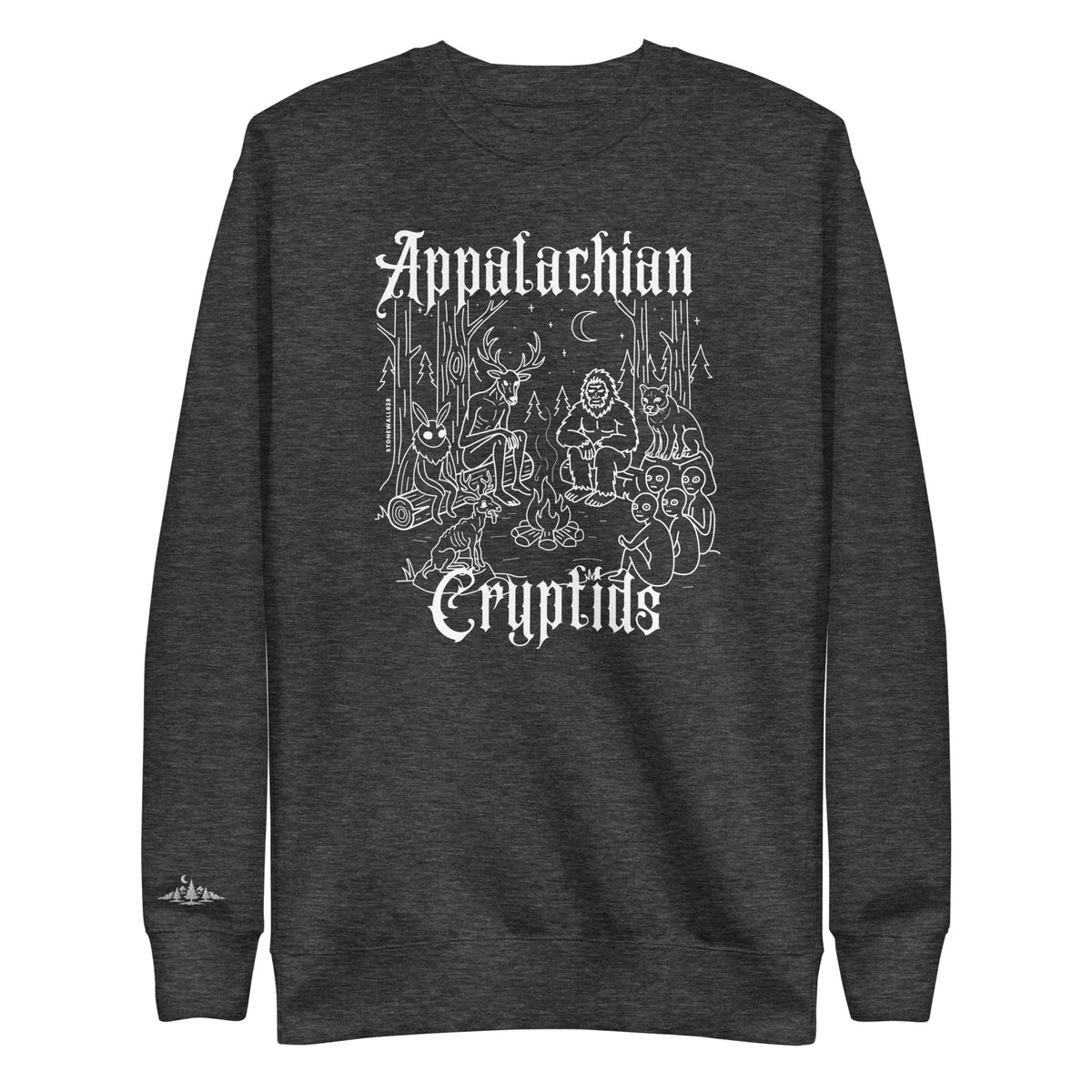 A dark green crewneck sweatshirt featuring a white line art graphic of cryptids and the words 'Appalachian Cryptids' on the front, with a small white logo on the left sleeve cuff.
