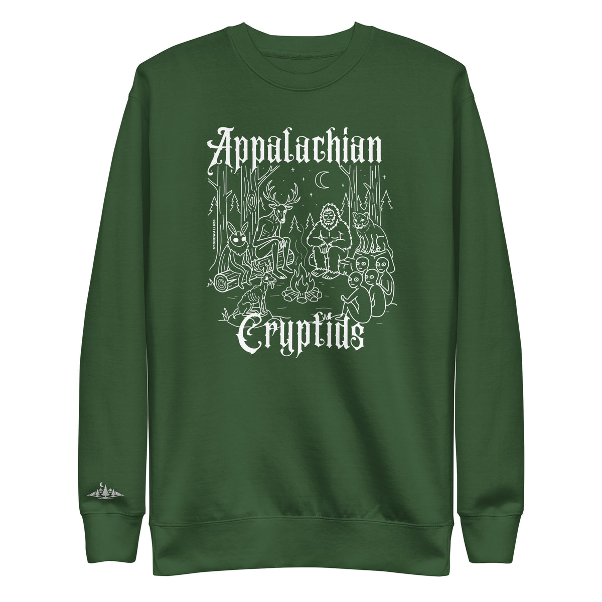 A dark green crewneck sweatshirt featuring a white line art graphic of cryptids and the words 'Appalachian Cryptids' on the front, with a small white logo on the left sleeve cuff.